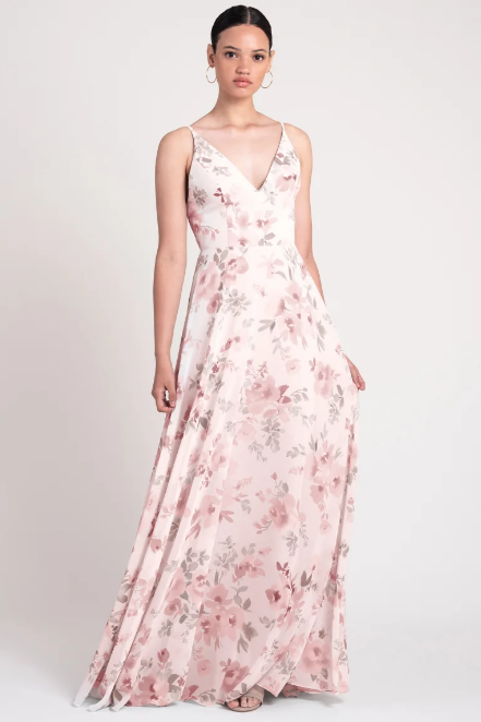 Pink floral print bridesmaid dress