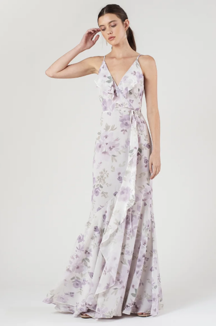 Lilac floral print bridesmaid dress with ruffles