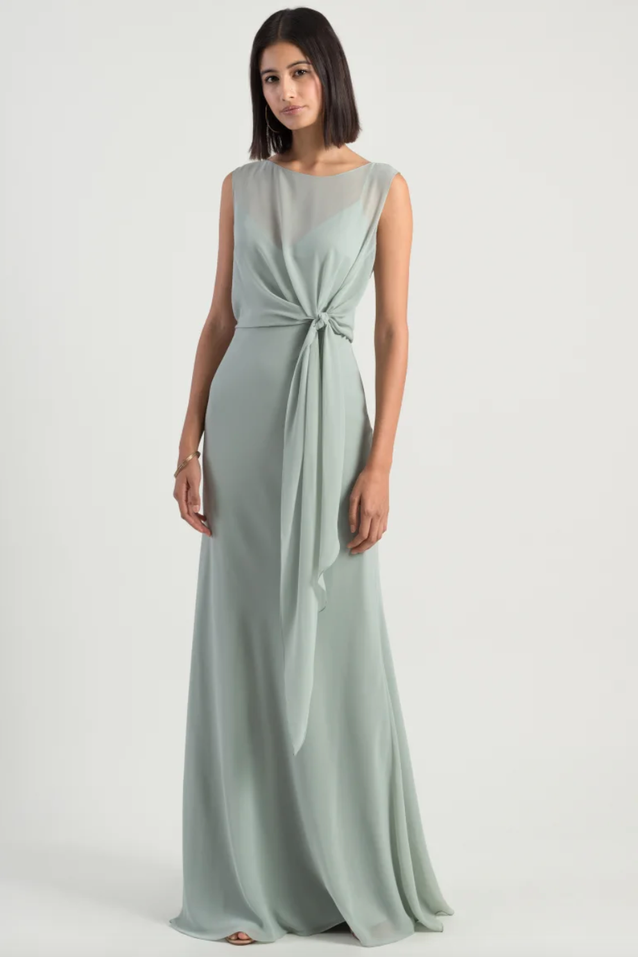 Elegant chiffon sage green; pastel bridesmaids dress