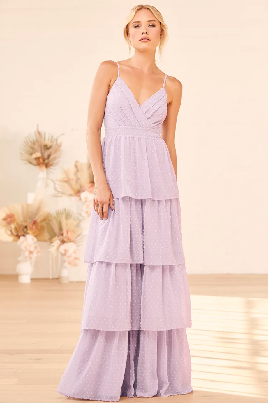 Maxi tiered lilac bridesmaid dress for spring