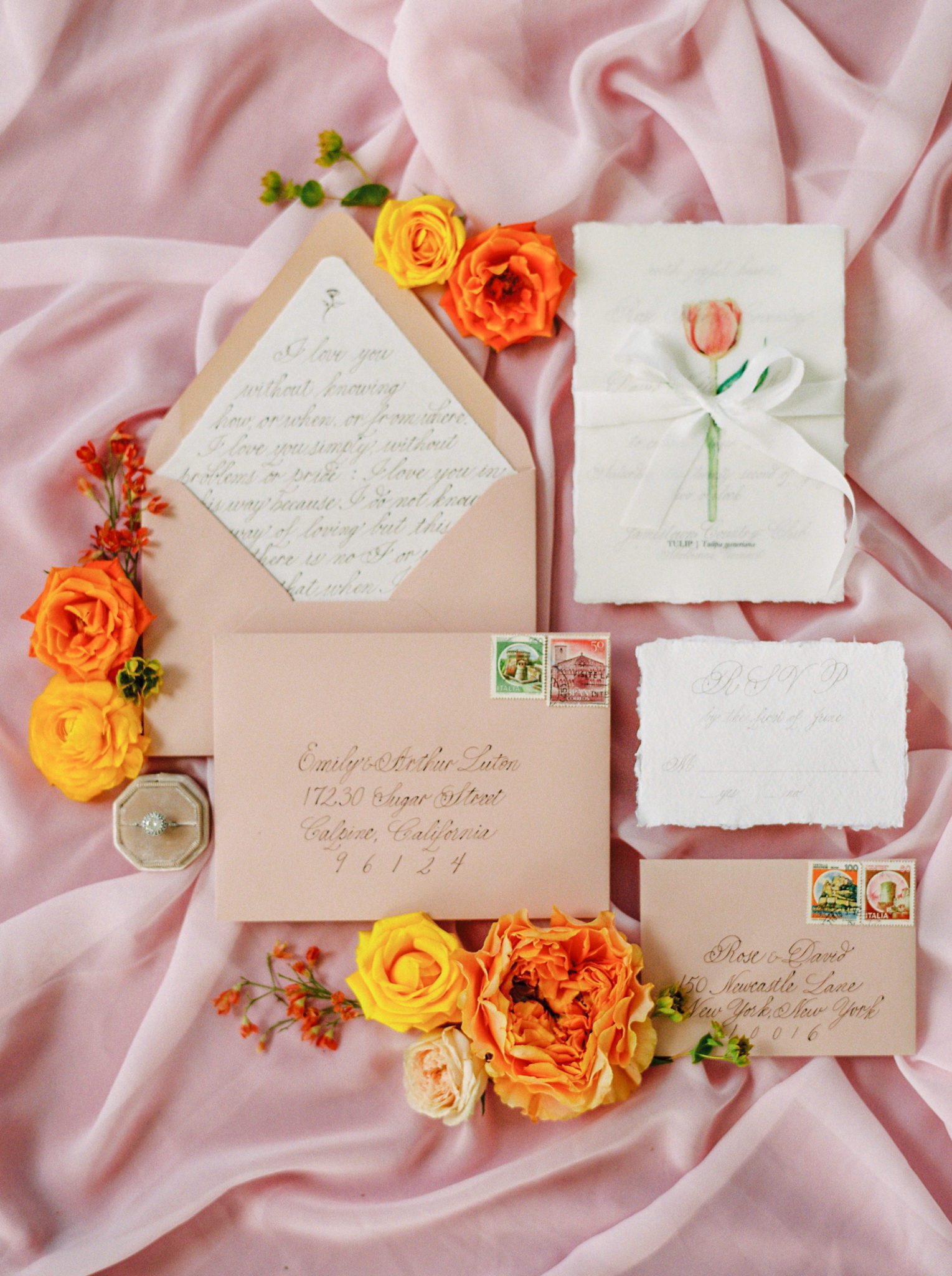 Pink Wedding Invitations, Pink Stationery with Painted Watercolour and Orange Florals