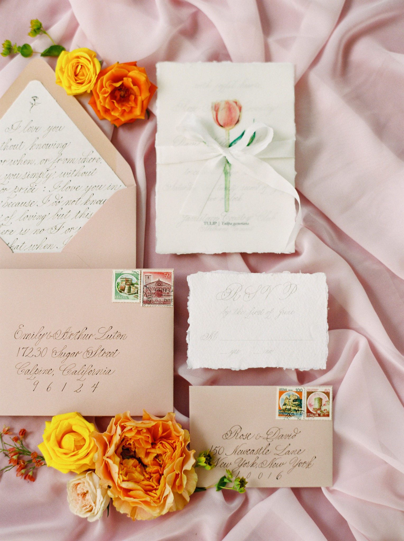 Pink Wedding Invitations with watercolour tulip and calligraphy
