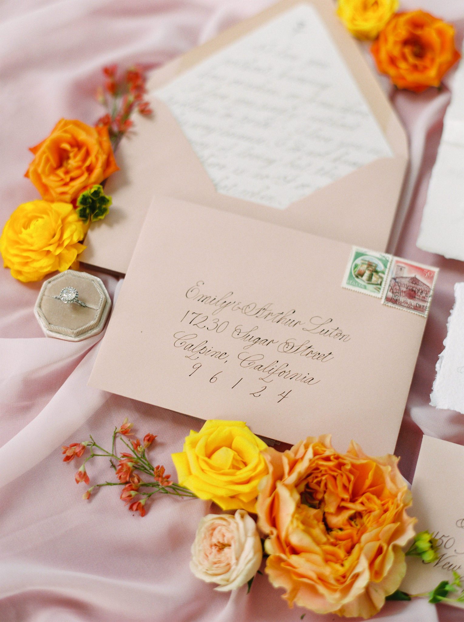 Pink Wedding Invitations with pink envelope with hand calligraphy