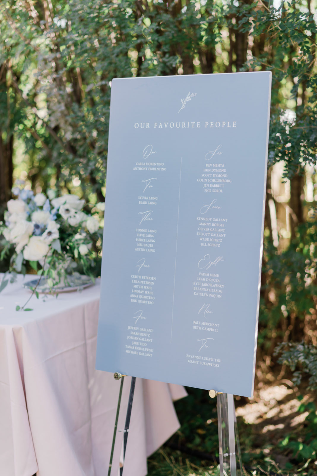 Soft blue seating chart inspiration for a timeless summer wedding reception