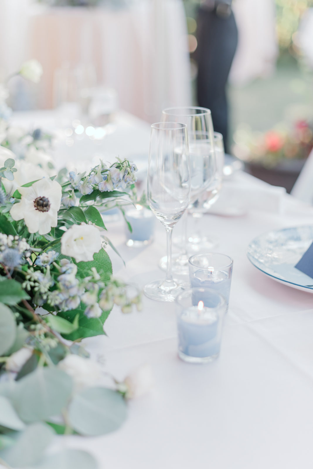 Pale blue and white wedding reception decor inspiration for a fine art wedding