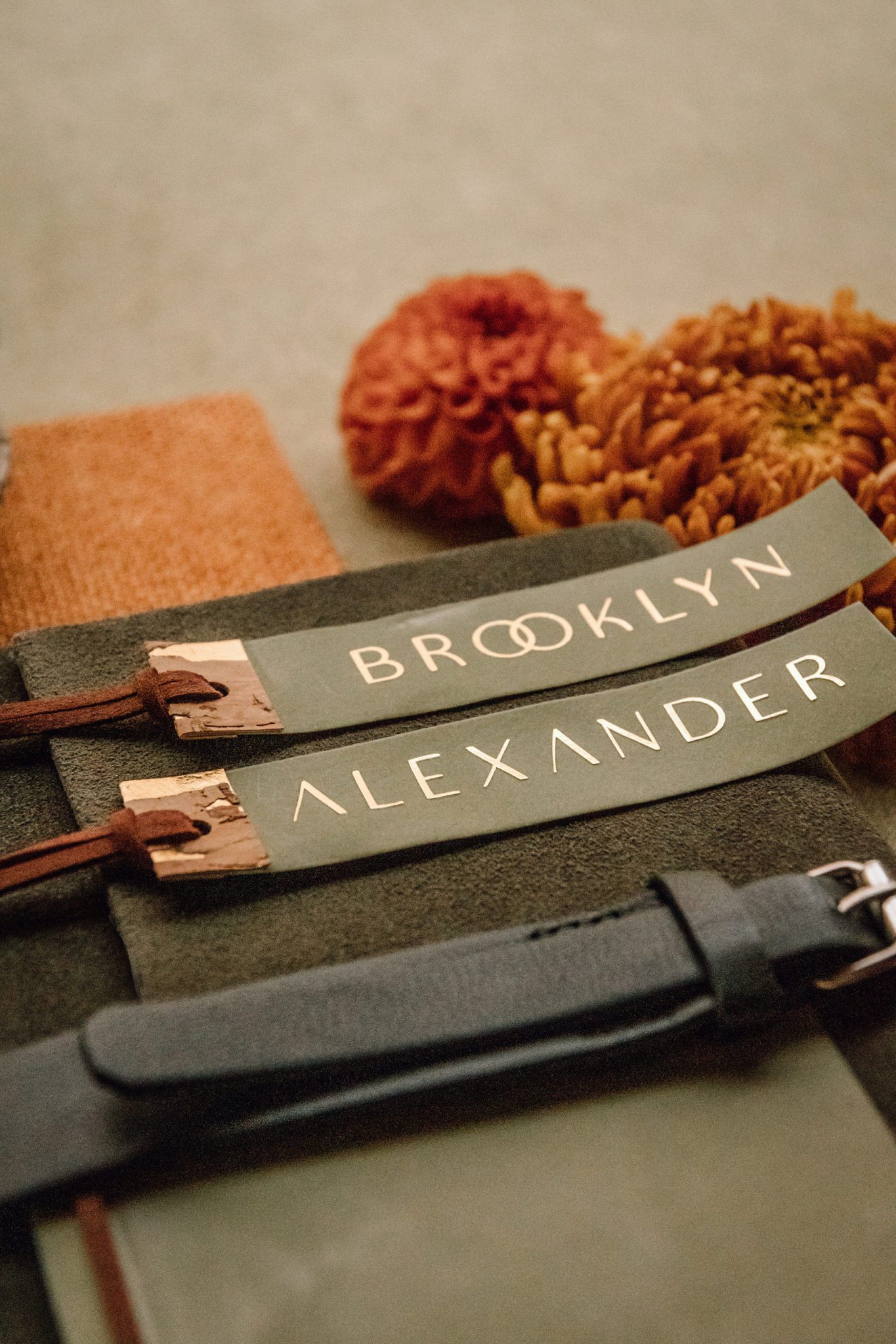 Leather personalized wedding place cards 