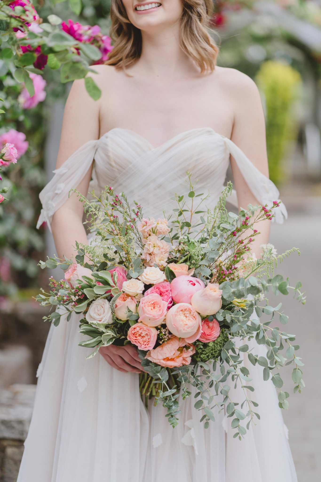 Pastel roses and peonies for a Taylor Swift inspired wedding portrait