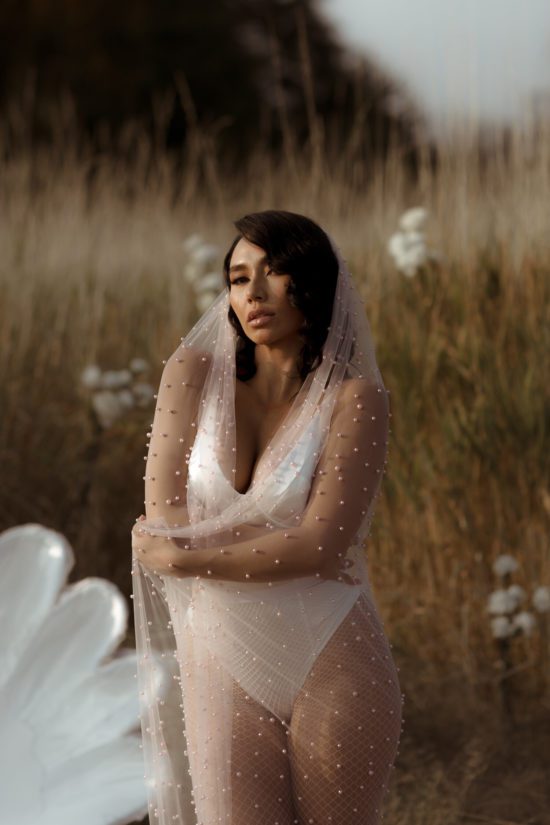 Romantic statement bridal veil with pearls