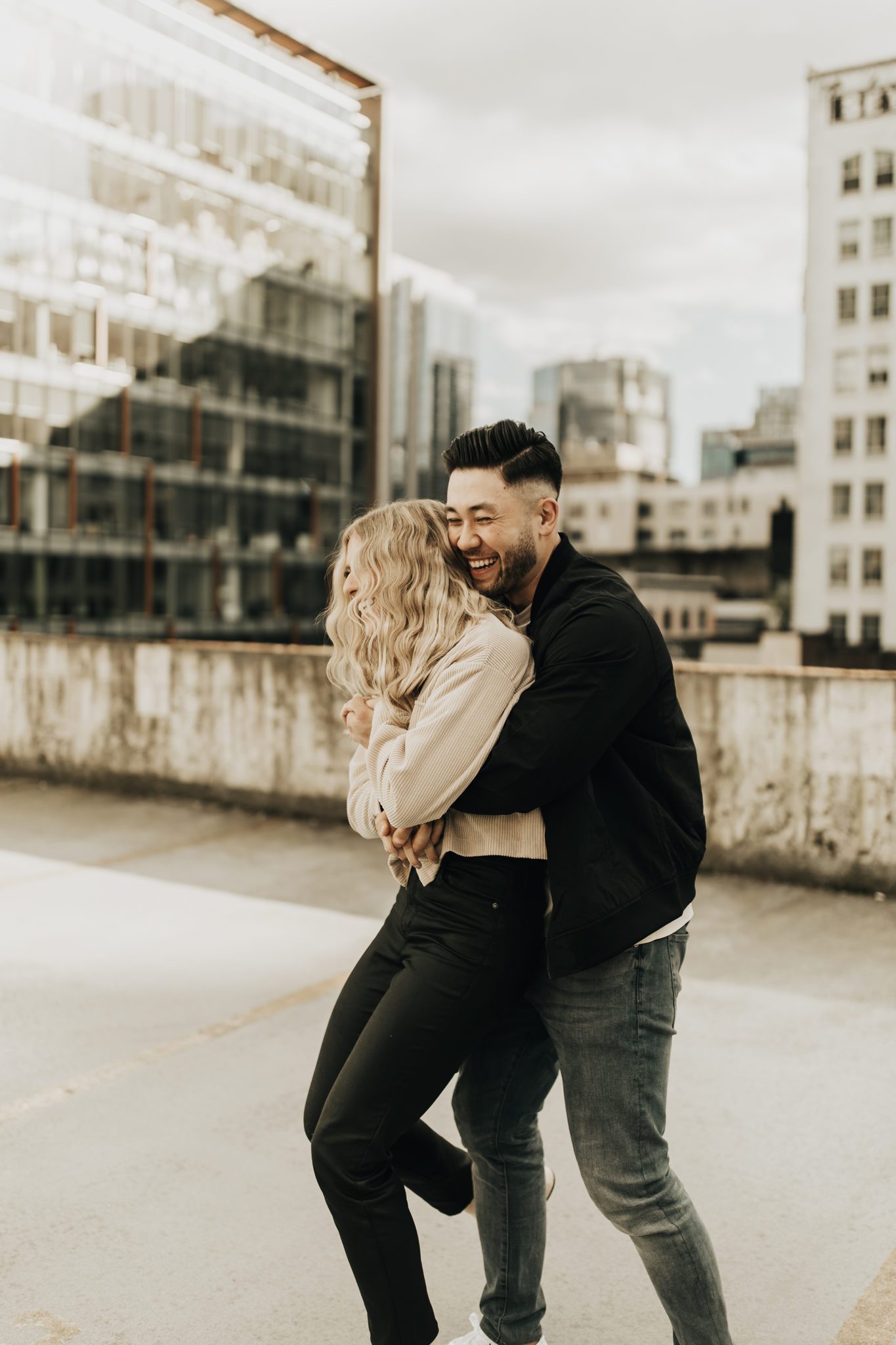 Relaxed Rooftop Engagement Session with Pizza and Wine in Downtown Vancouver