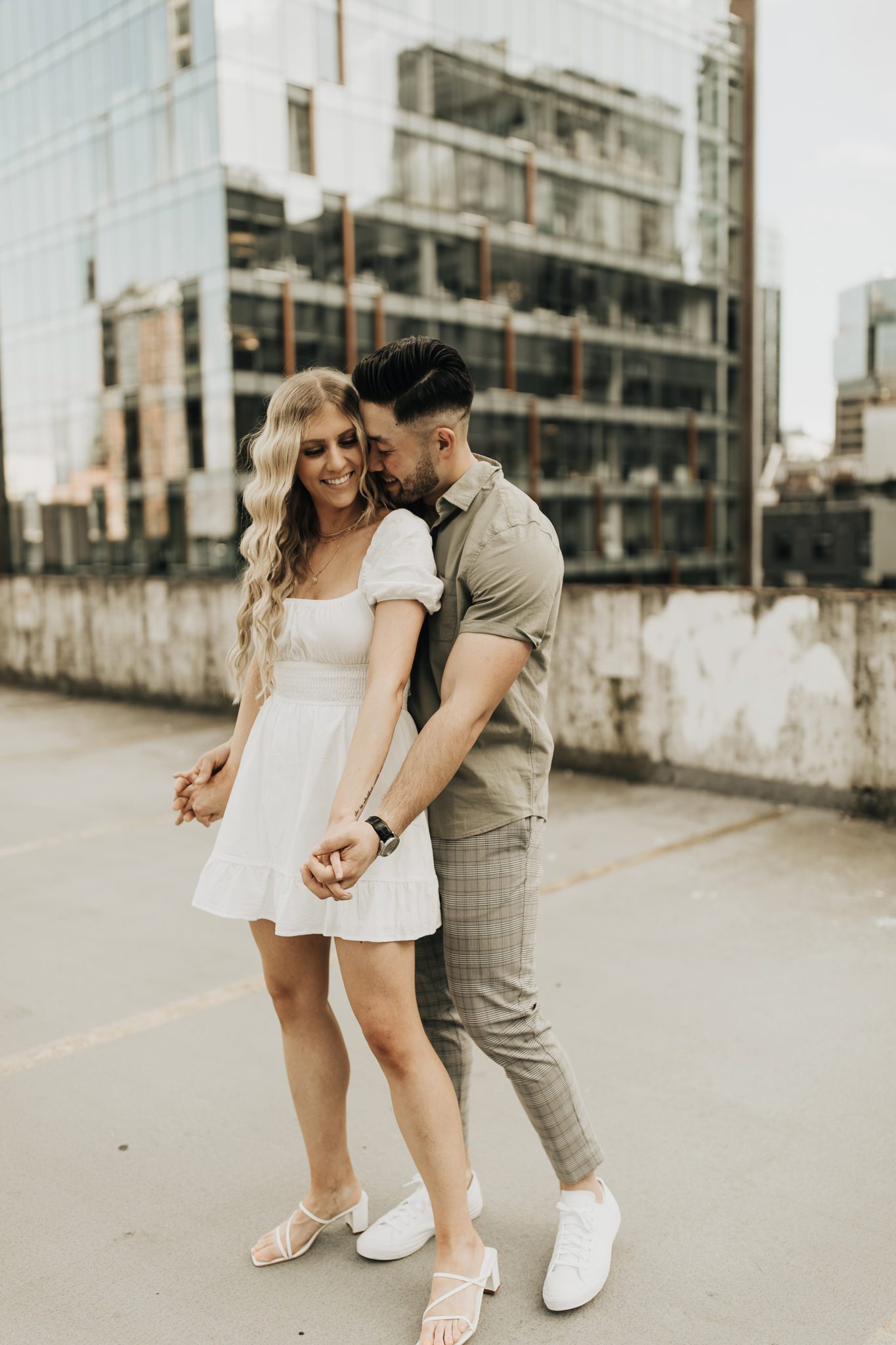 Downtown Vancouver rooftop engagement session wardrobe inspiration