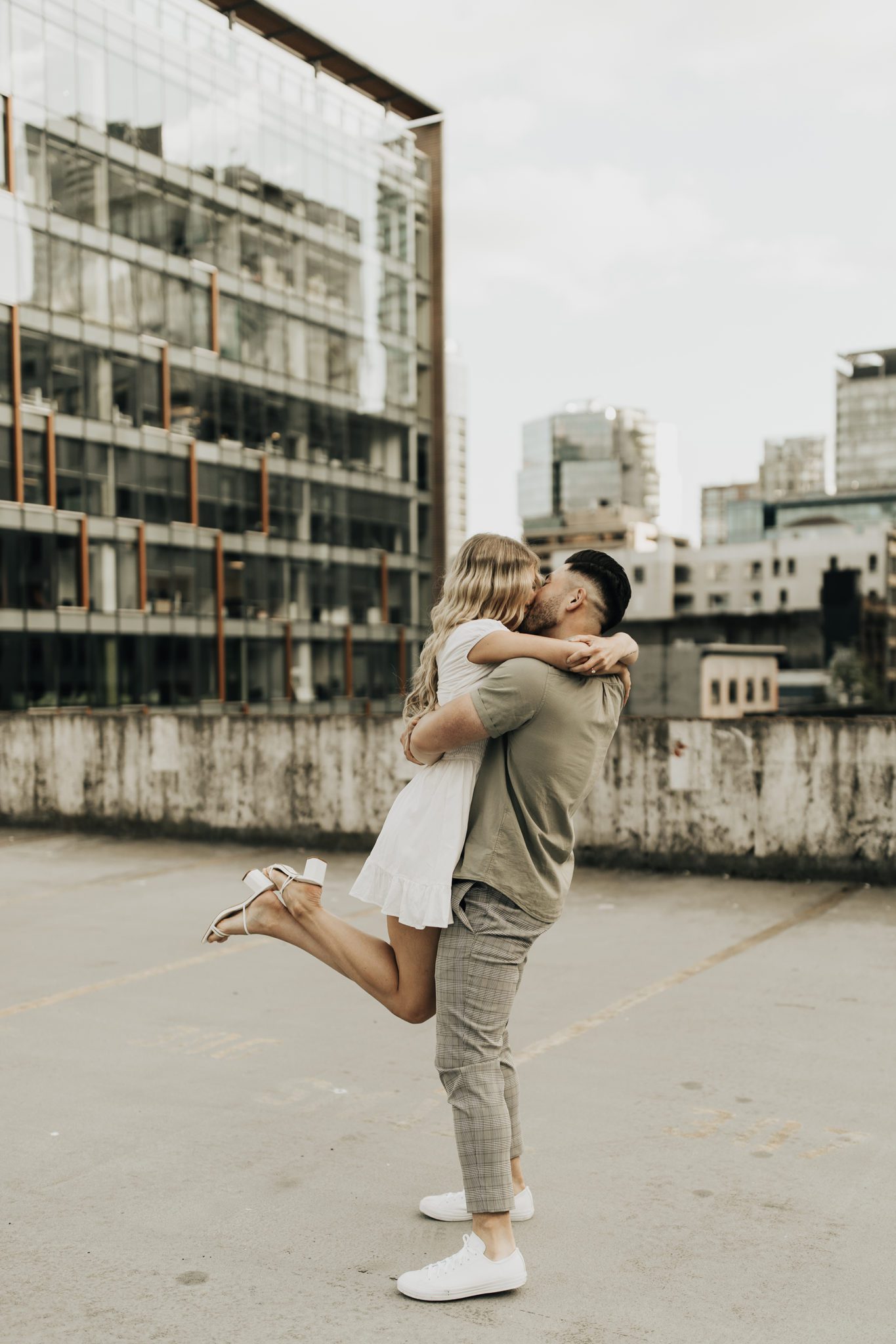 Relaxed Rooftop Engagement Session with Pizza and Wine in Downtown Vancouver