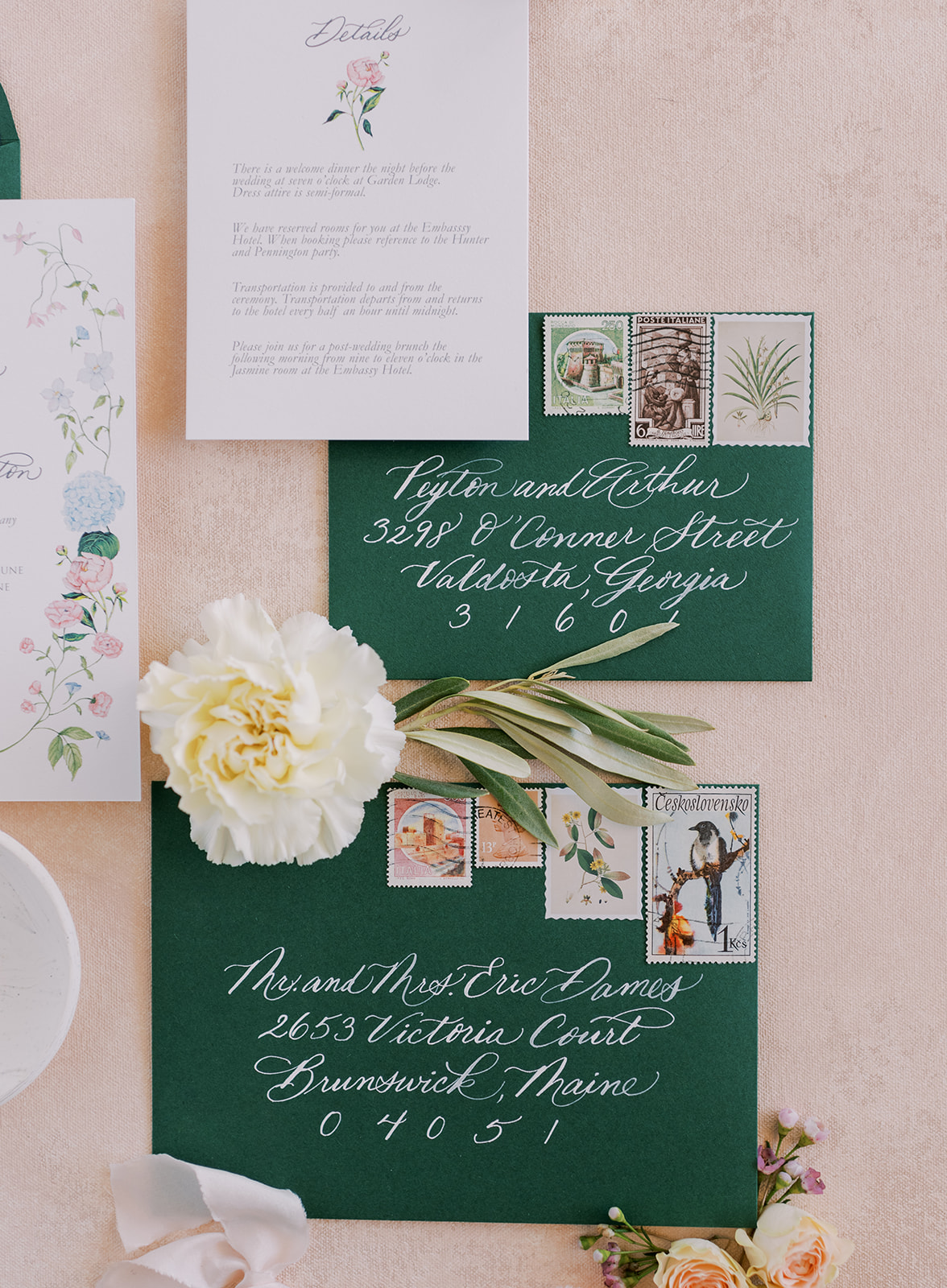 Emerald green and nature inspired stationery suite by Debbie Wong Designs