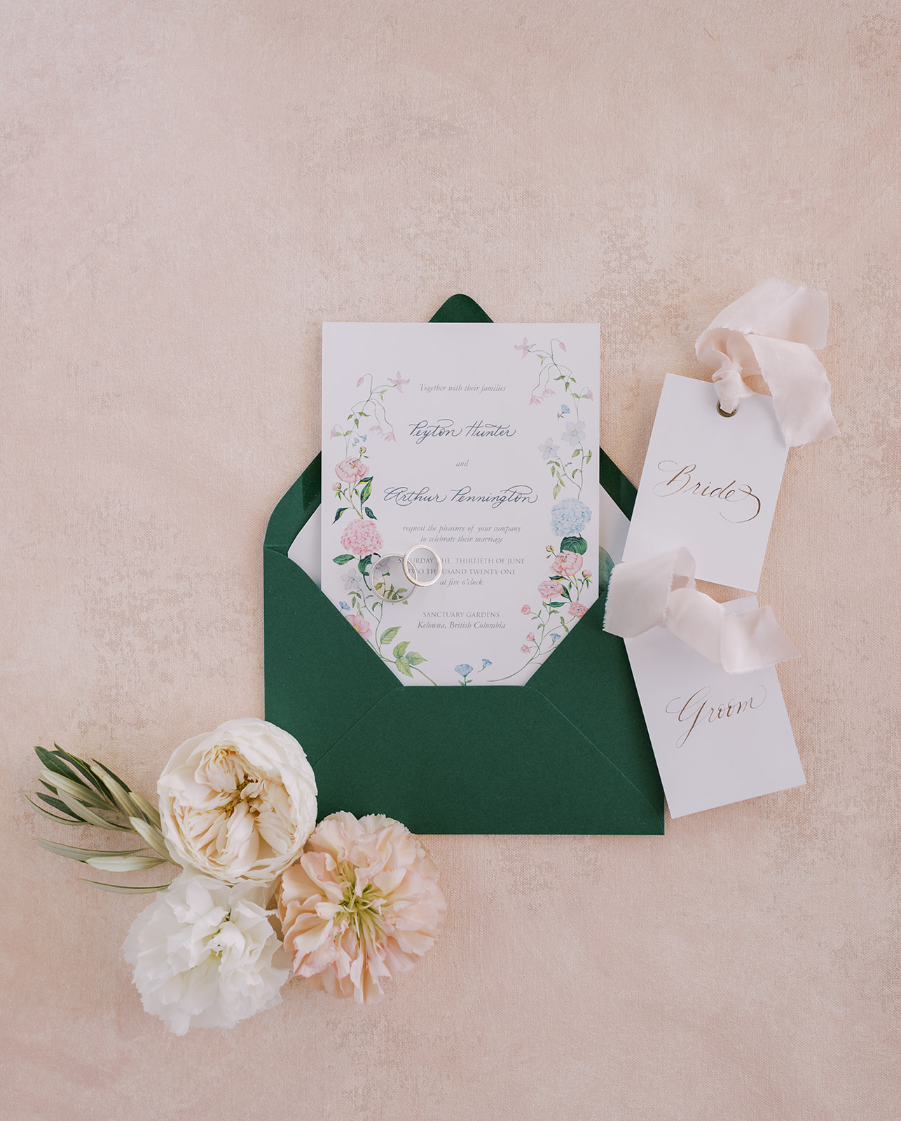 Debbie Wong Designs stationery suite in emerald green with nature motifs
