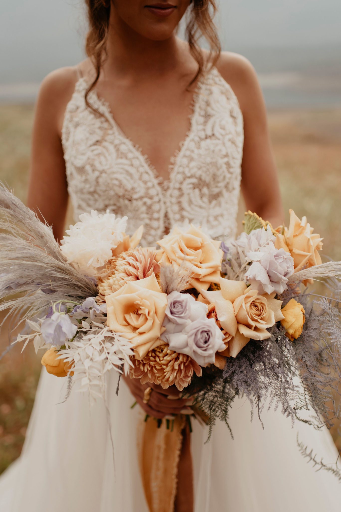 Orange and lavender colour palette for a boho bridal bouquet