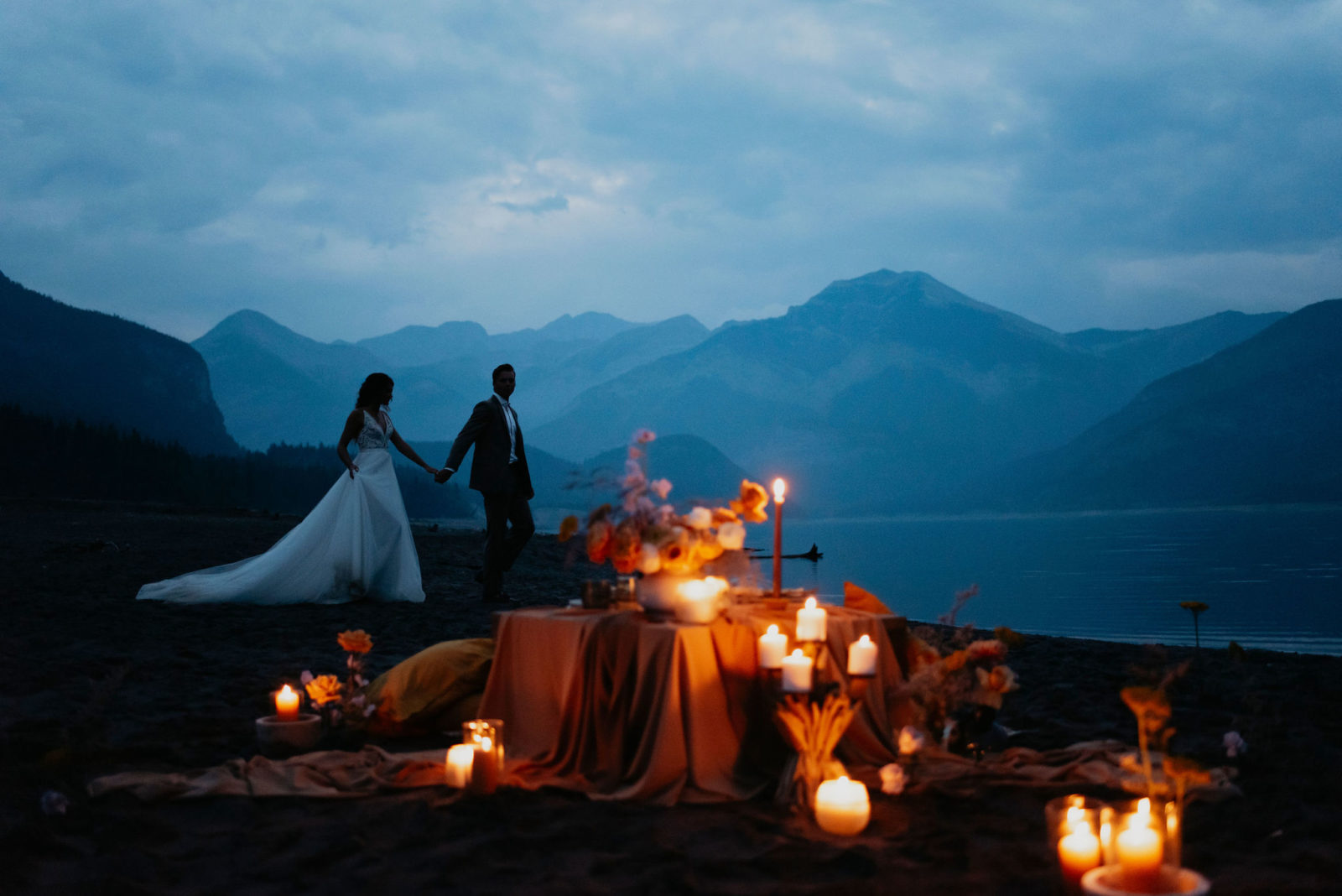 Candlelight blue hour wedding portraits in the mountains