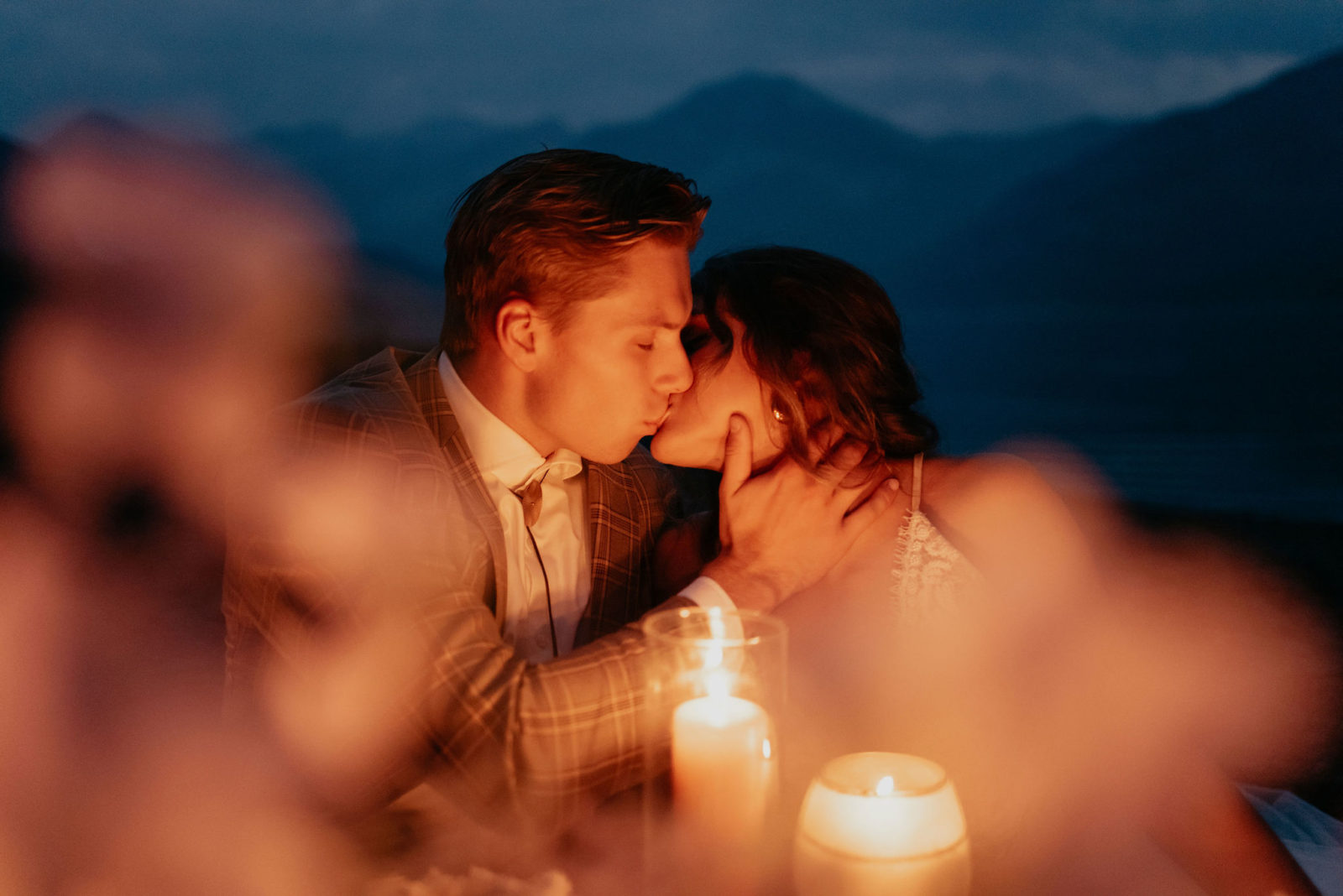 Blue hour wedding portraits by candlelight