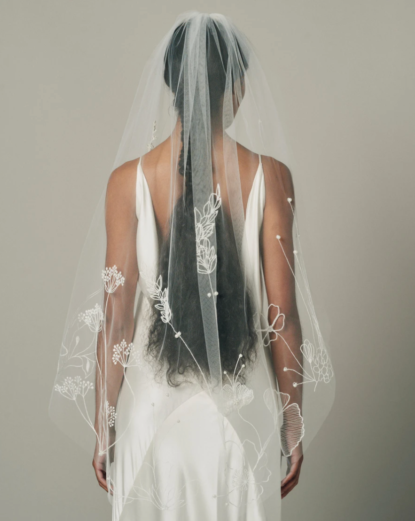 statement wedding veil with floral embroidery