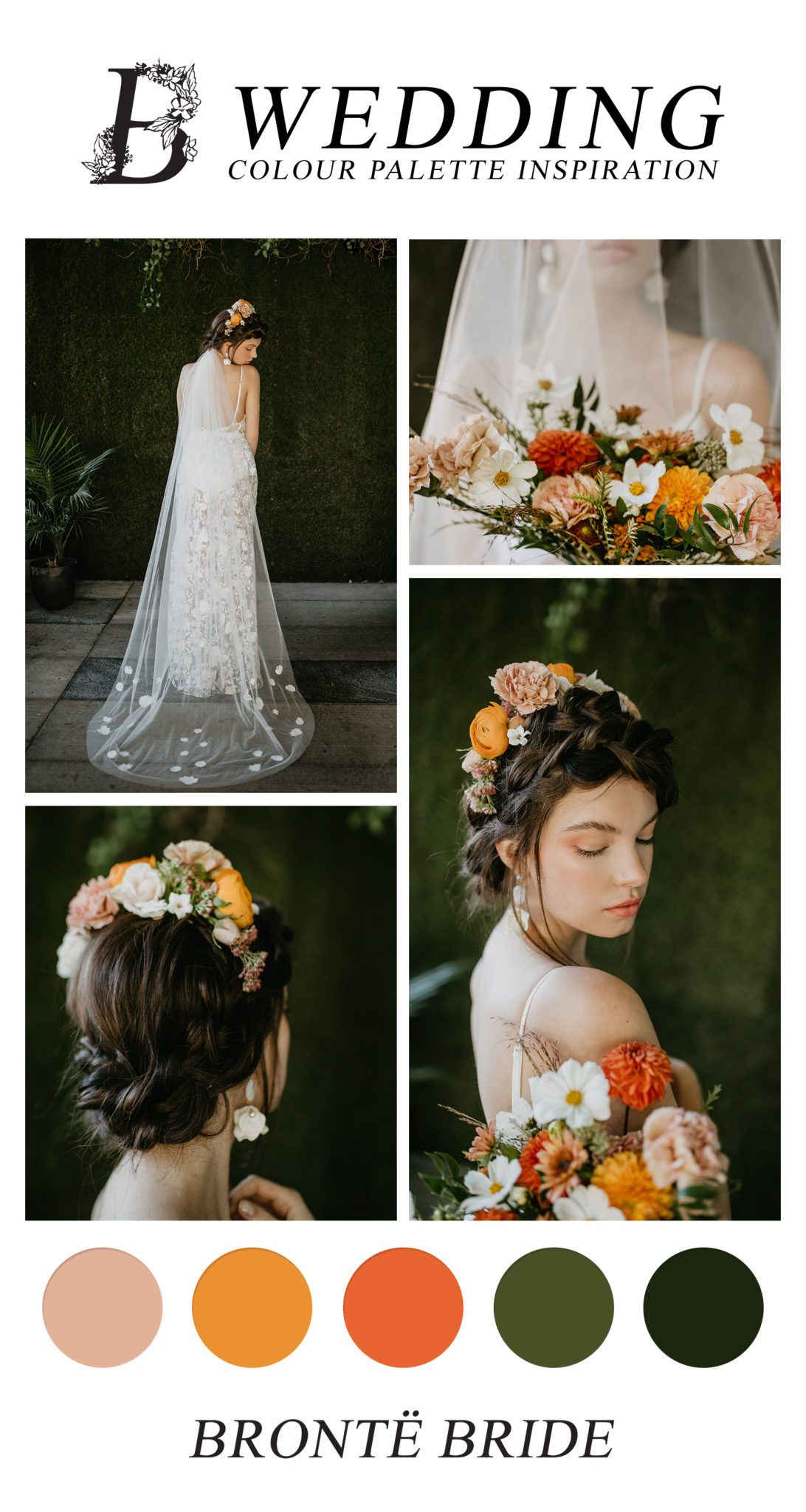 Bold Wedding Colour Palette Inspiration - Modern Wedding Inspiration, Flower Crown, Orange Red Summer Wedding