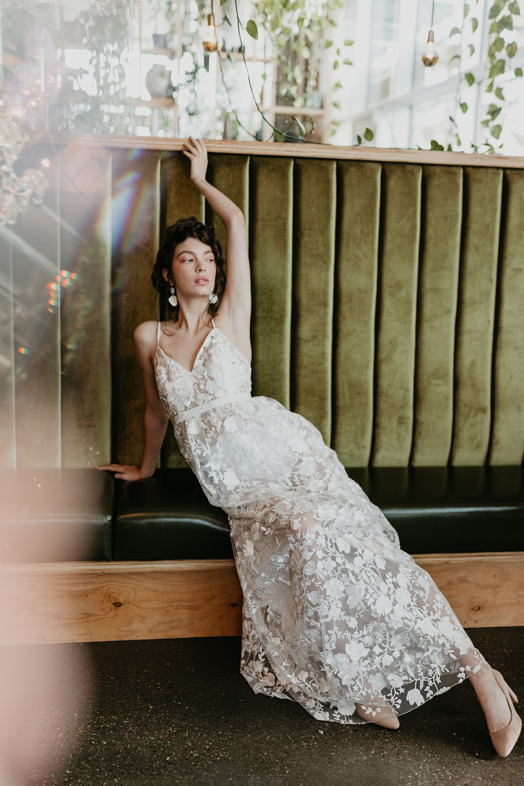 White midi Park & Fifth Co wedding gown photographed in an editorial at Orchard restaurant in Calgary Alberta