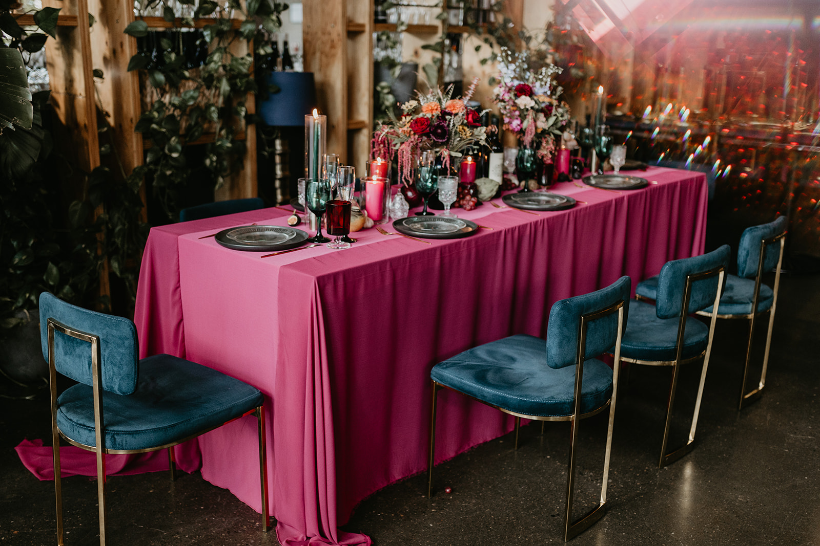 colourful jewel-toned wedding table at Orchard restaurant in Calgary Alberta