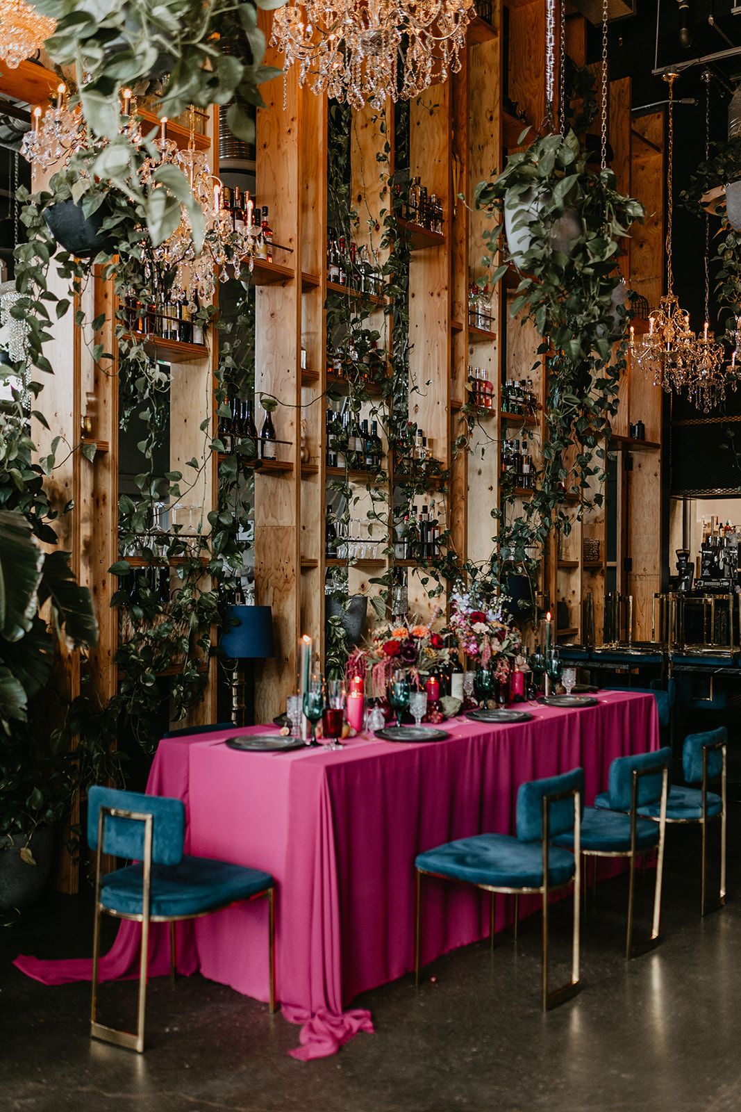 Colourful jewel-toned wedding table at Orchard restaurant in Calgary Alberta
