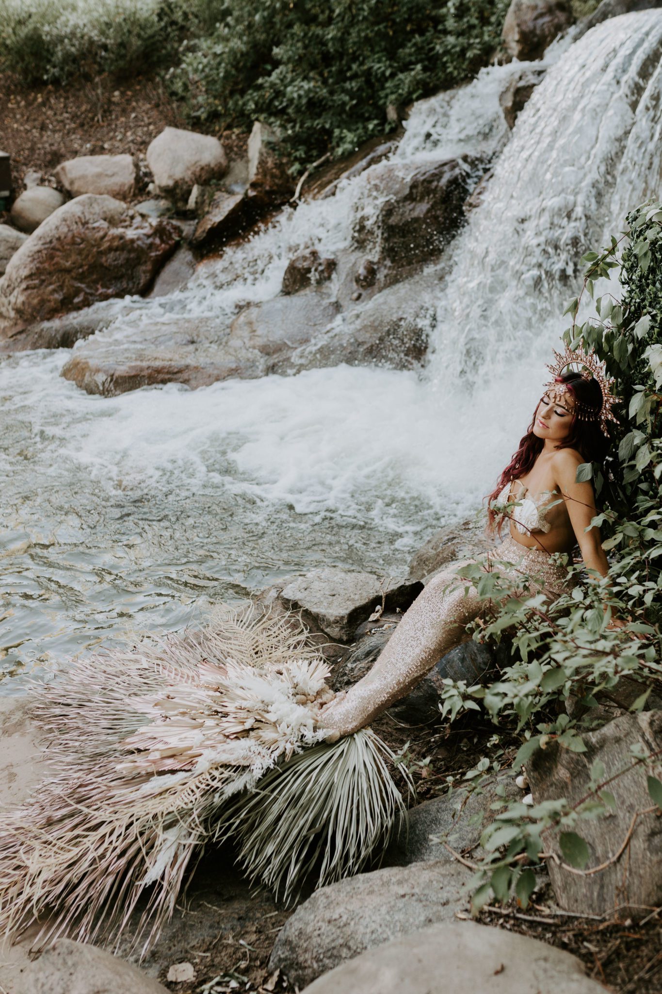 Mermaid Inspiration shoot with dried floral tail and stunning waterfall