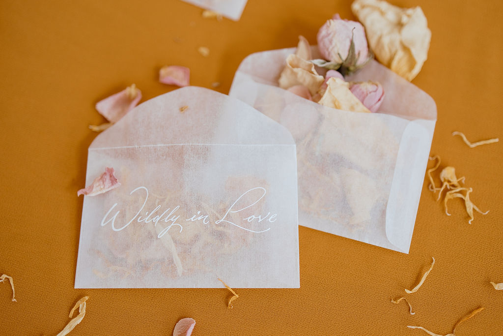 Dried rose petal flower packets for a wedding day