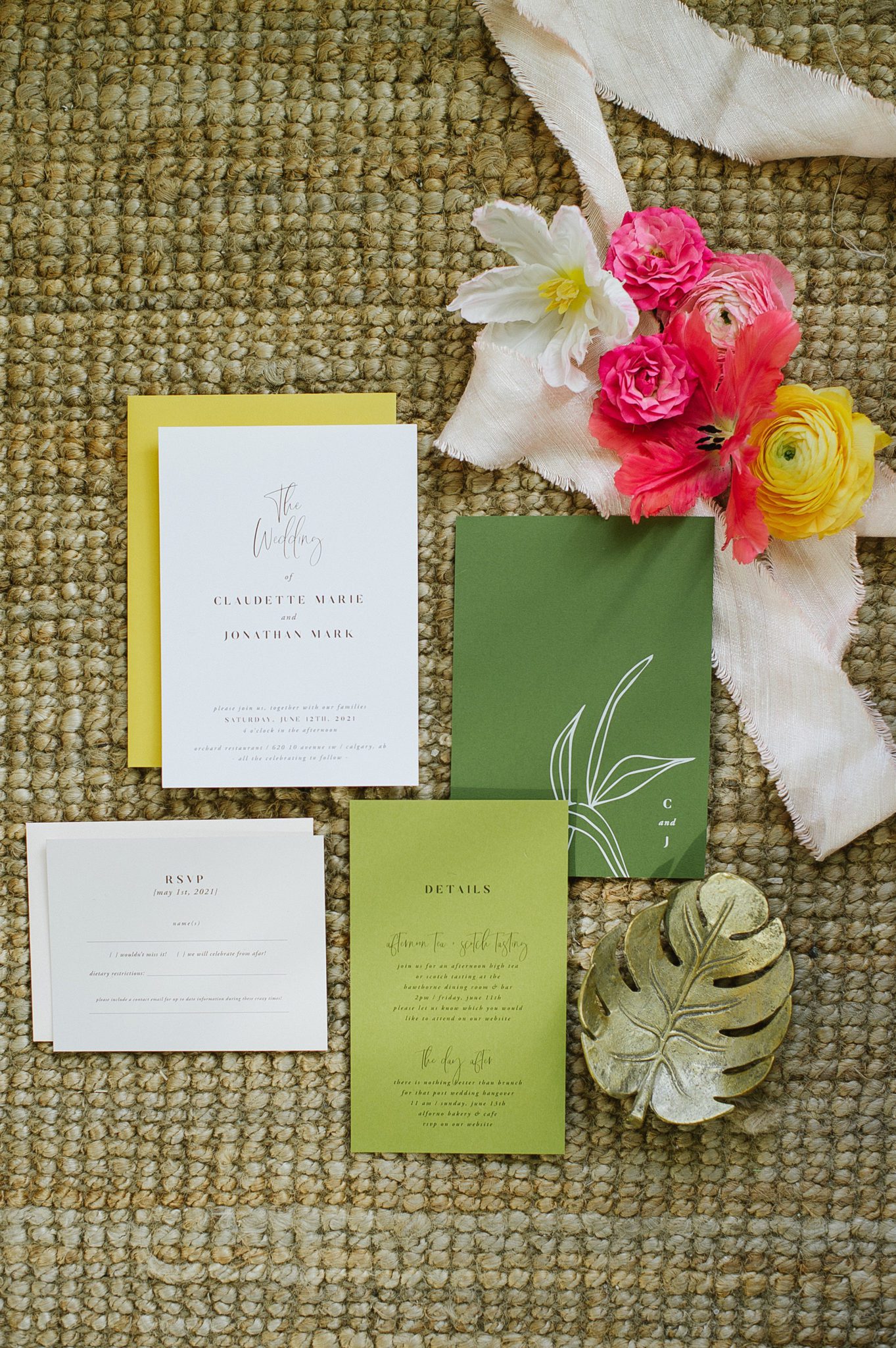 Wedding details for a spring wedding with bright florals