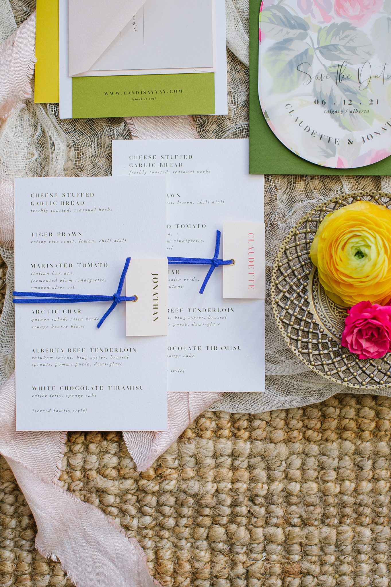 Spring wedding details with bright colours and royal blue accents
