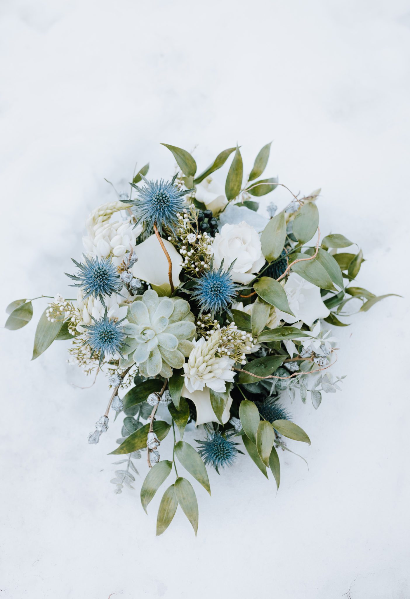 Blue, green and white wedding bouquet inspiration