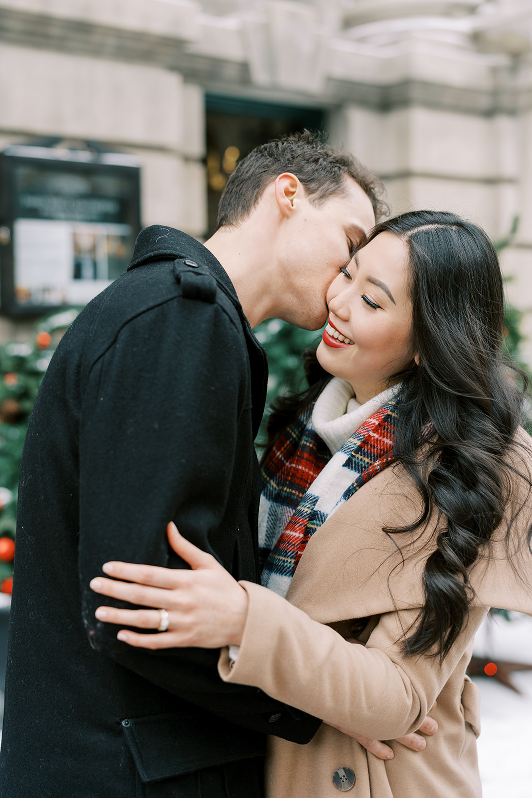 Winter Engagement Session Outfit Inspiration: plaid scarves and winter coats
