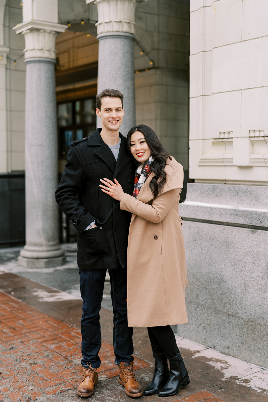 Winter Engagement Session Outfit Inspiration: plaid scarves and winter coats
