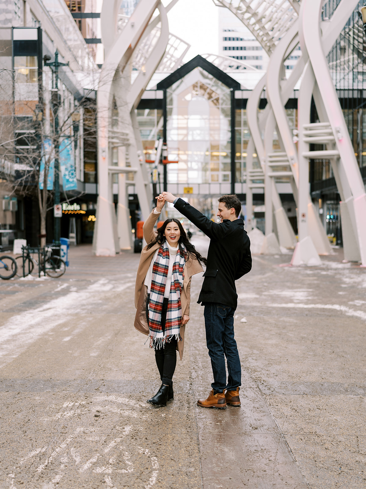 Cute Couples Engagement Session for Winter and Christmas in Downtown Calgary