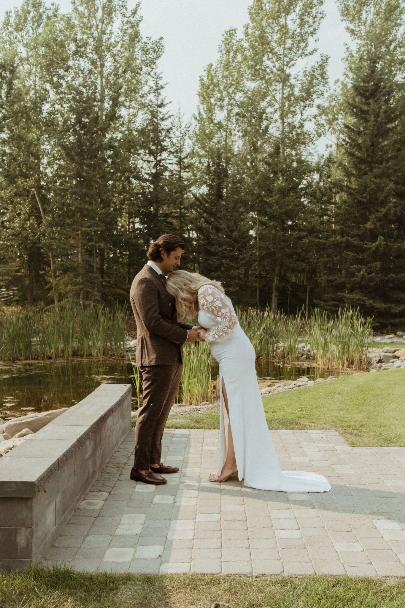 First look on wedding day at outdoor summer wedding, cottage core wedding inspiration