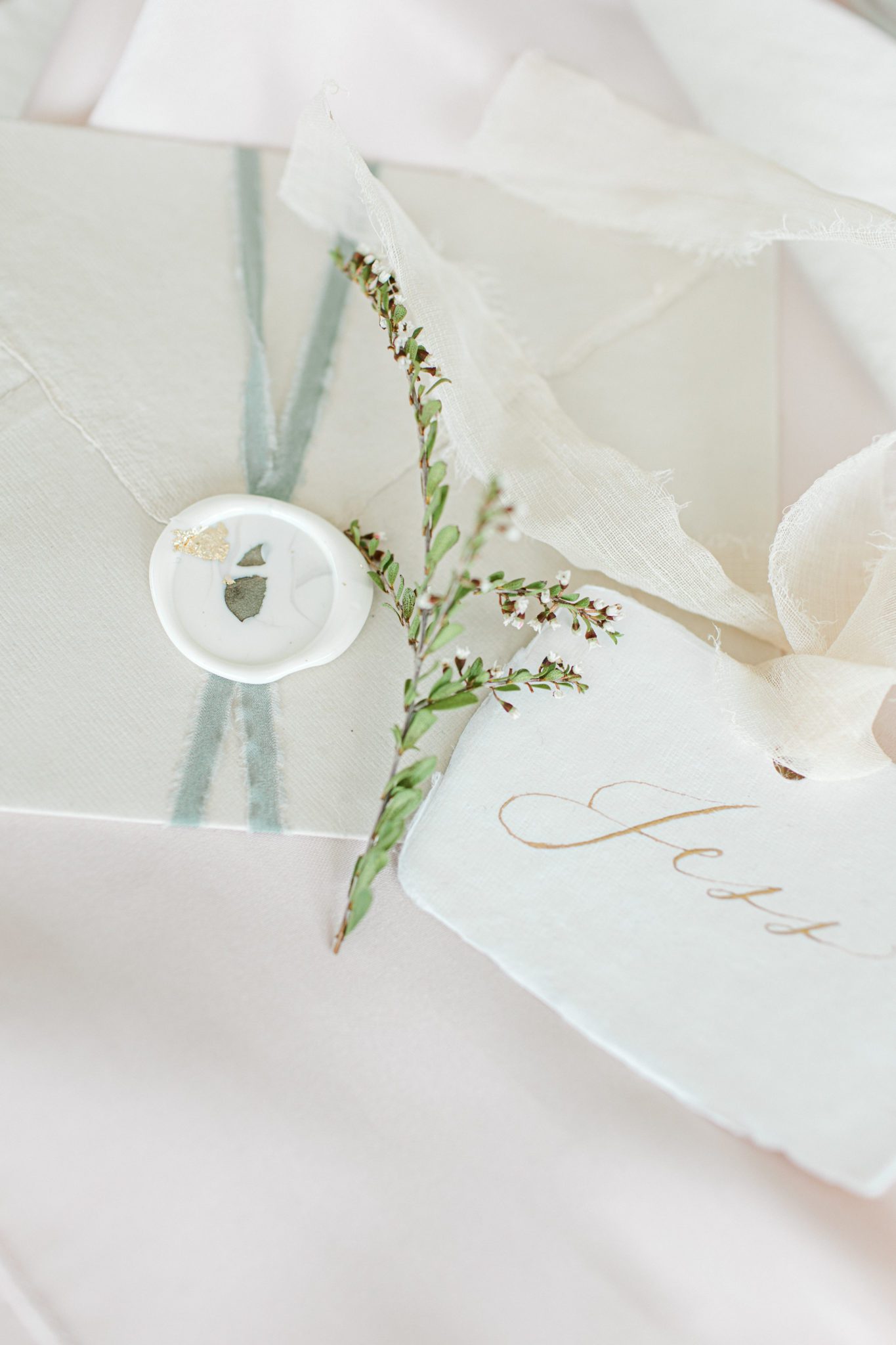 Blush and Green stationery for Canmore intimate wedding, sage green silk ribbon from Stella Wolfe Co.