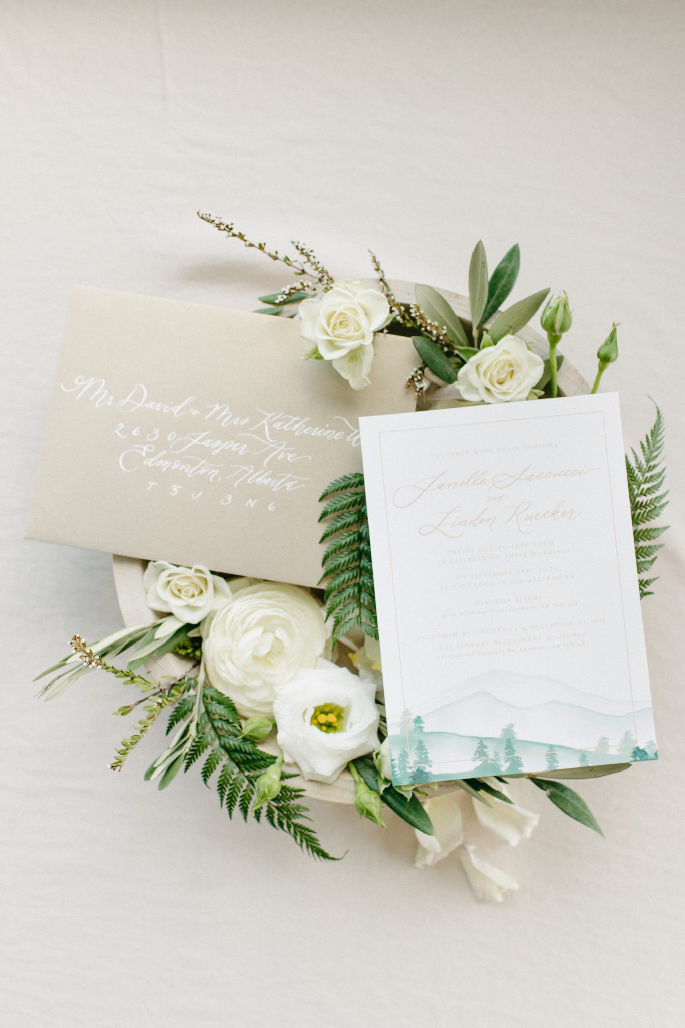 Wedding invitation suite, mountain wedding with sage green, gold, and blush. 