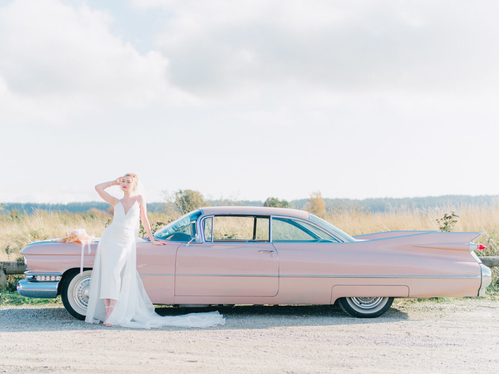 Vintage Wedding Style, pink Cadillac wedding with polka dot veil