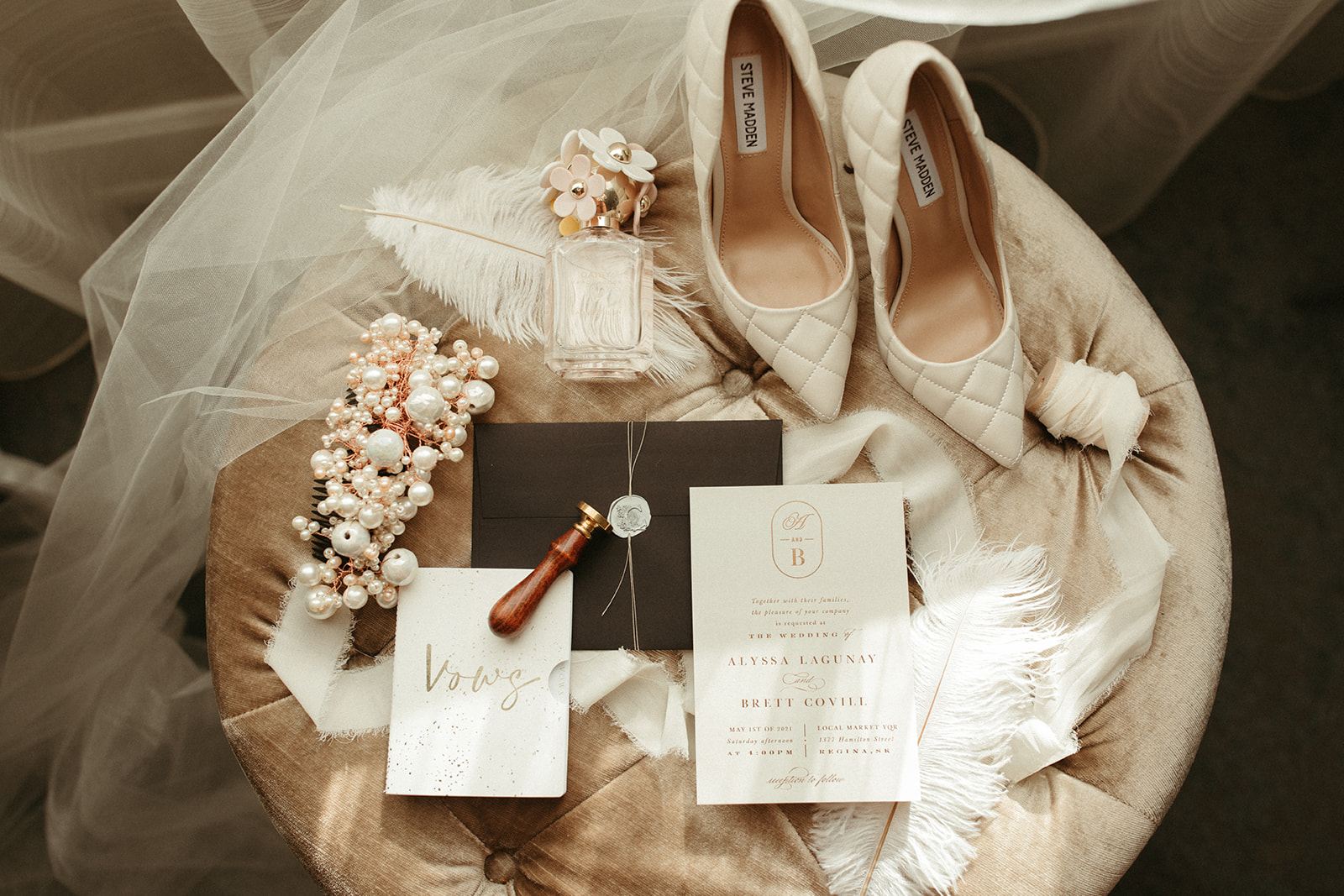 Bridal flat-lay of wedding details, neutral boho wedding accessories