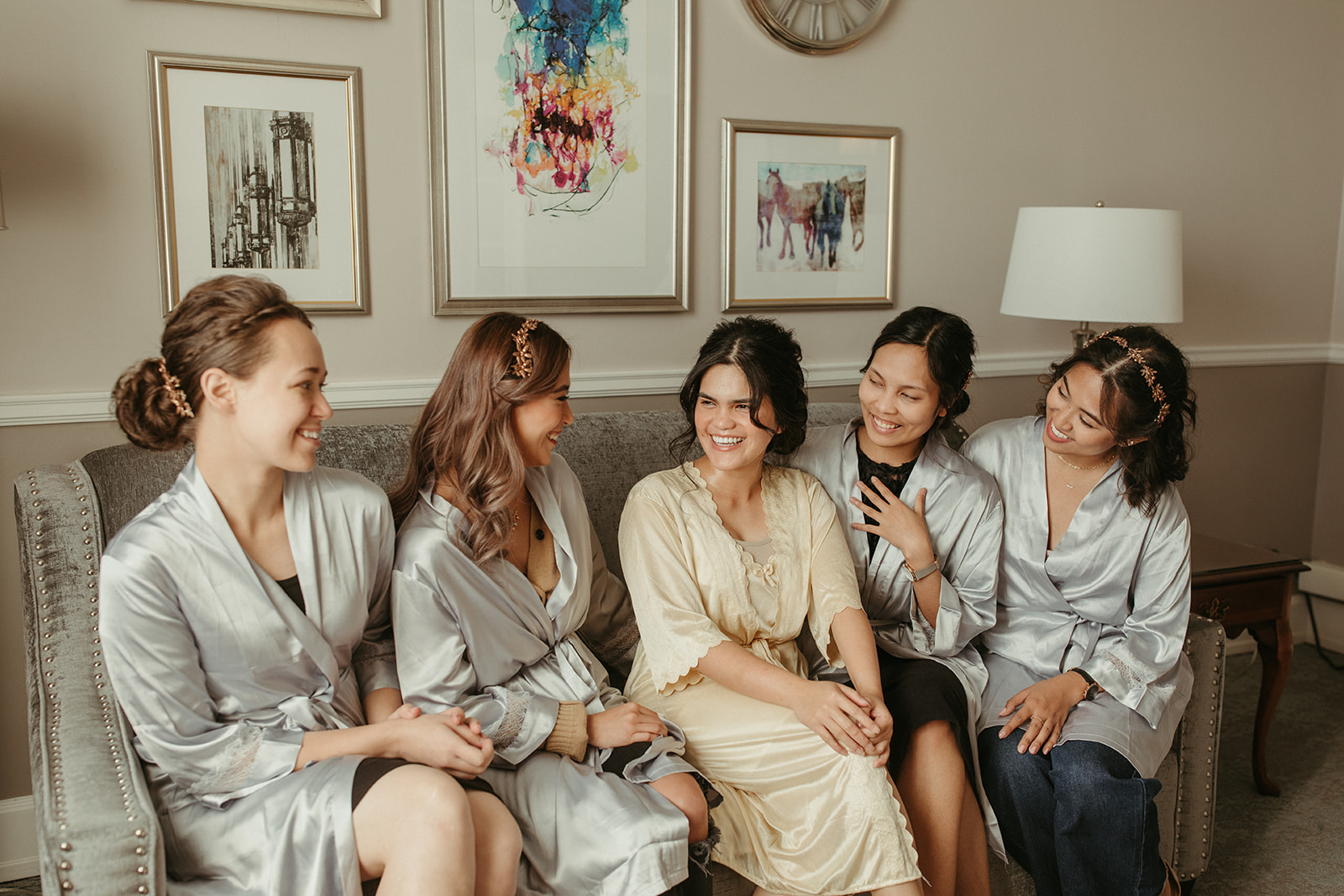 Bridal party getting ready in silk robes