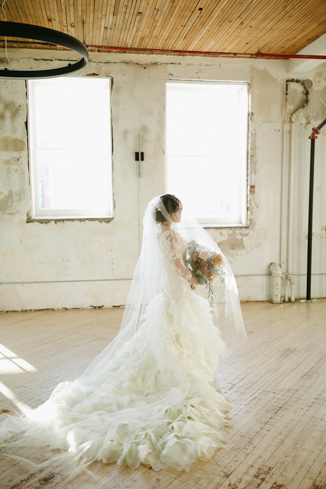 Bridal portrait inspiration, unique ruffled bridal gown with boho chic style