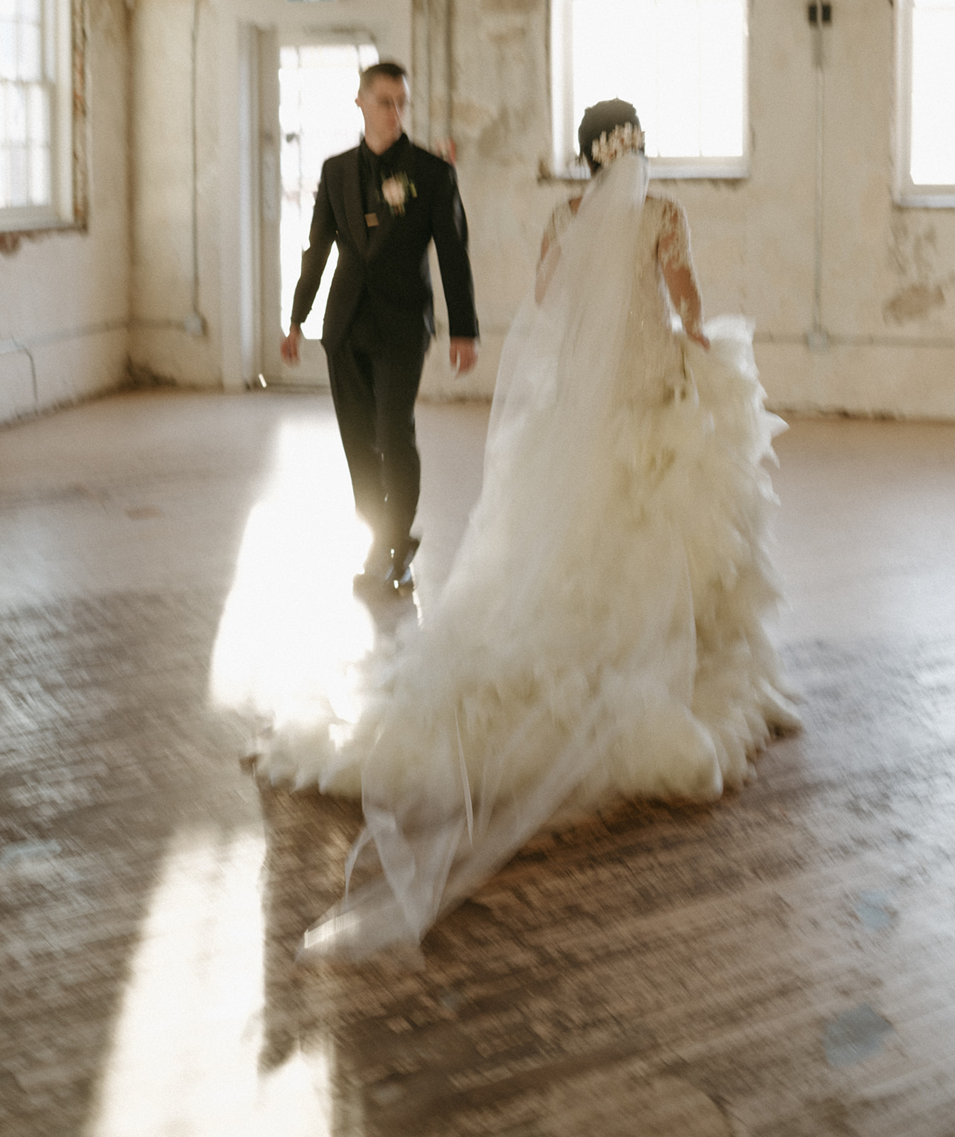 Blurred photography trend at vintage wedding, film aesthetic