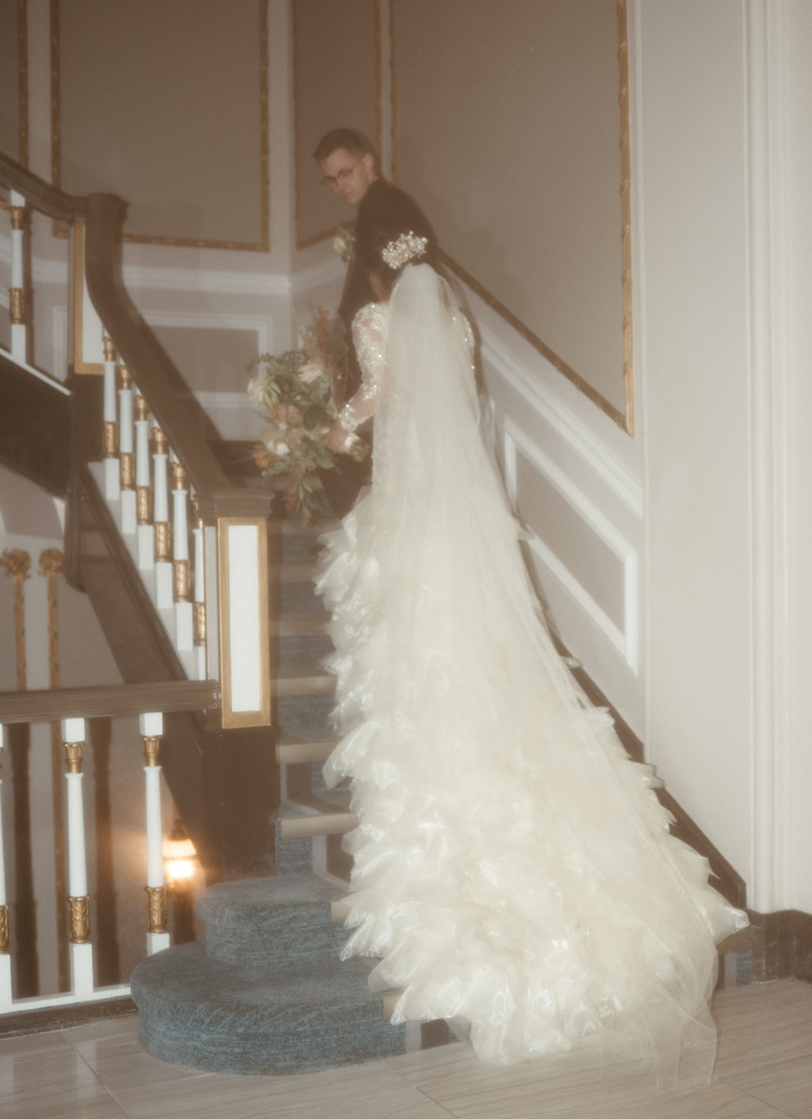 Vintage-inspired film aesthetic, unique wedding photography, ruffled bridal gown