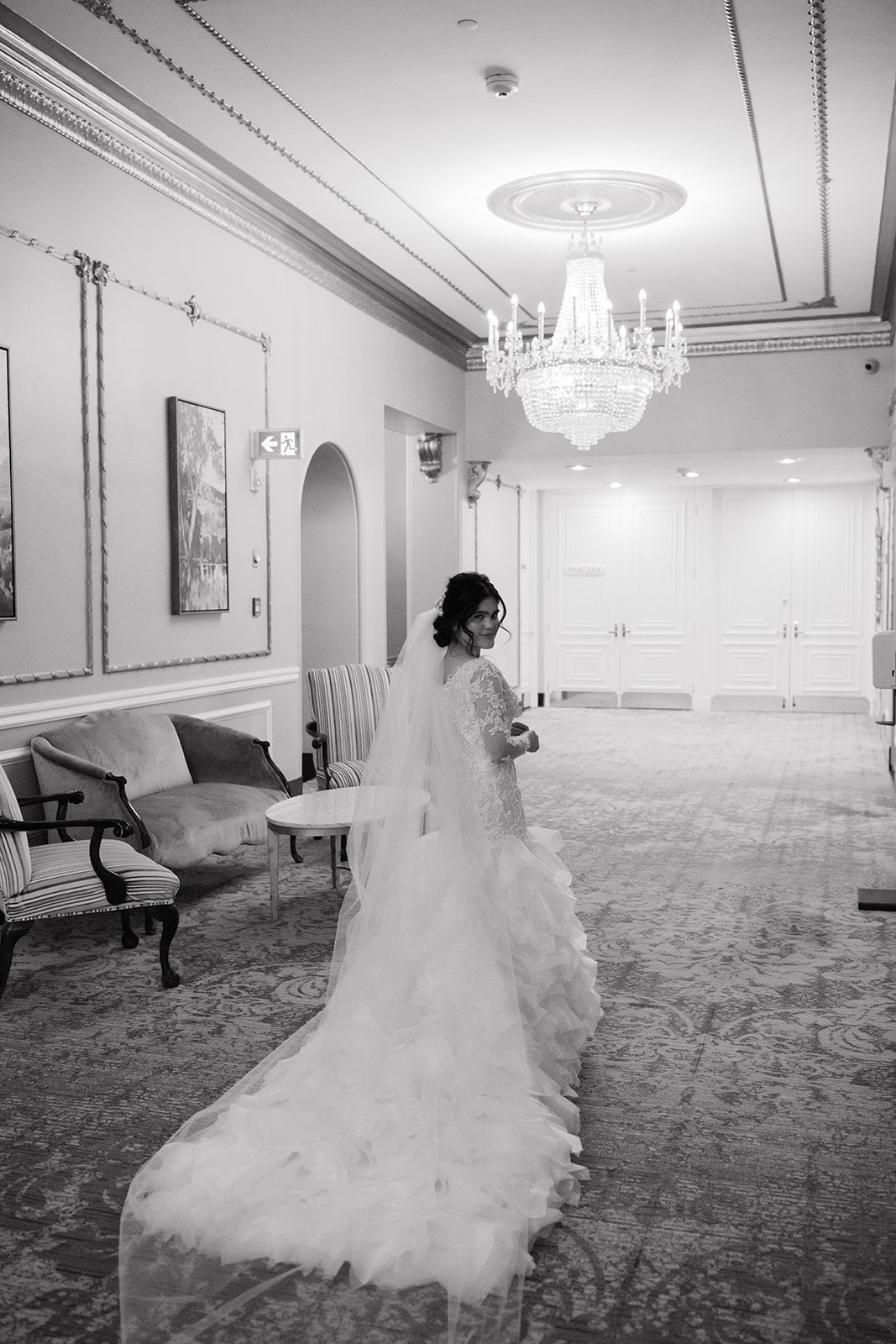 Bridal portrait inspiration for indoors, unique vintage ruffled bridal gown