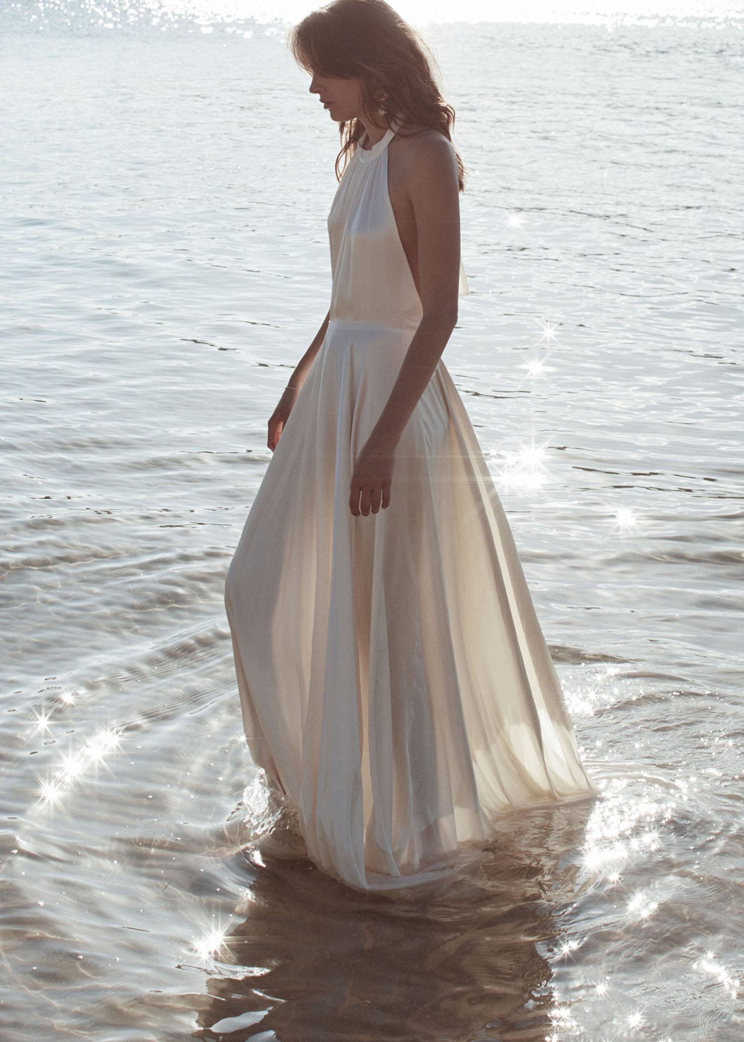 Bridal attire inspiration from & For Love, Ontario-made bridal gown from & For Love, halter neck wedding dress satin