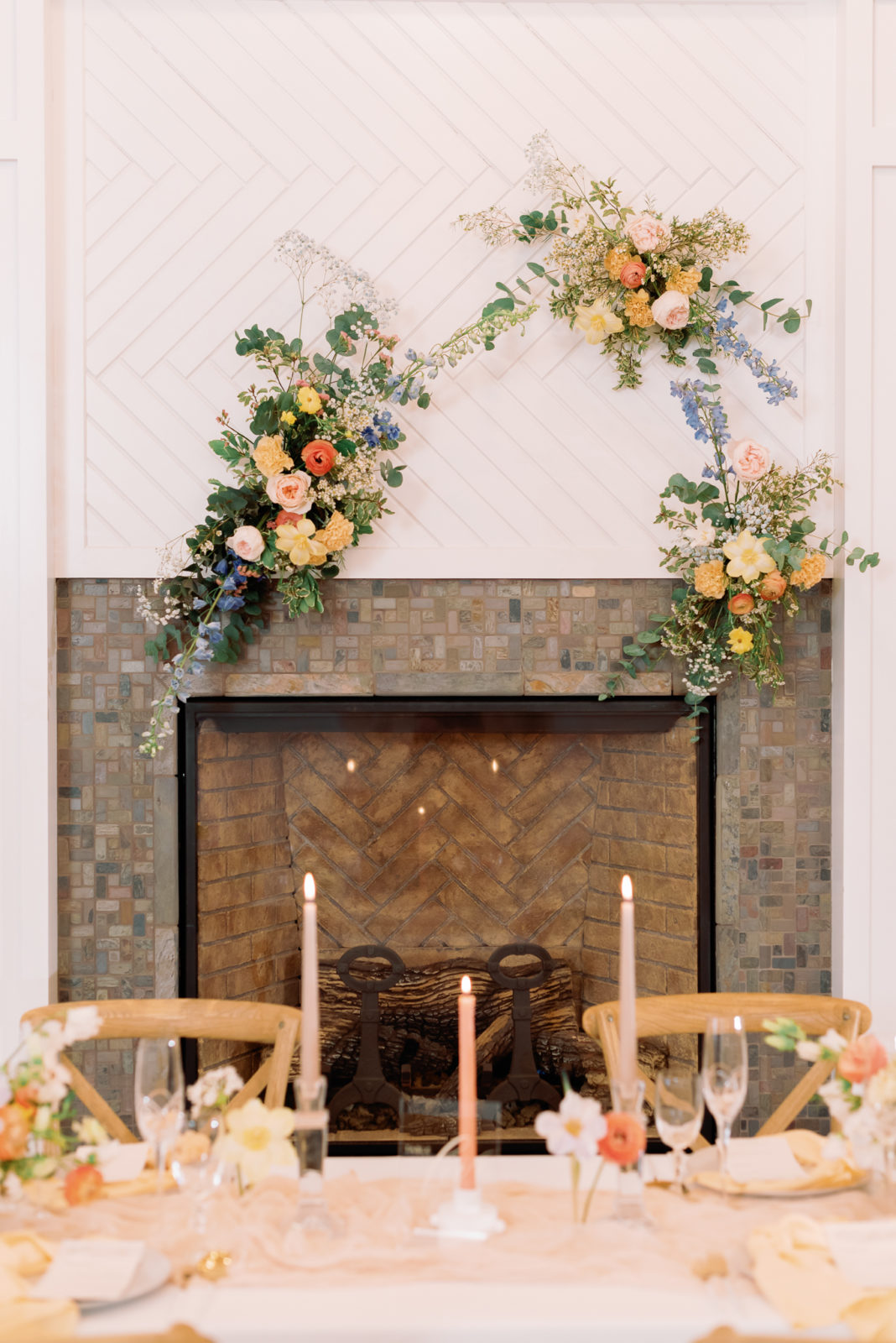 floral arch at spring wedding inspiration, wedding reception table