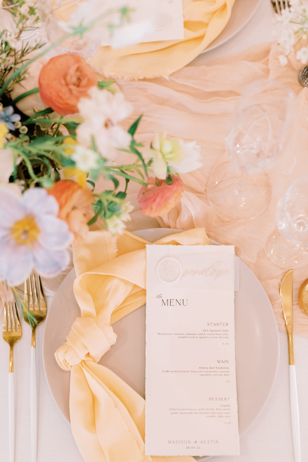 flat lay of floral-focused summer wedding inspiration