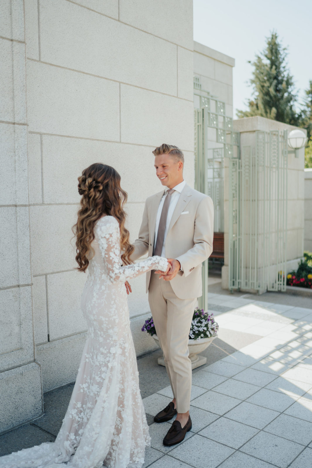 first look for bride and groom at outdoor Cardston wedding, outdoor wedding portraits, summer wedding portraits, simple but beautiful wedding inspiration