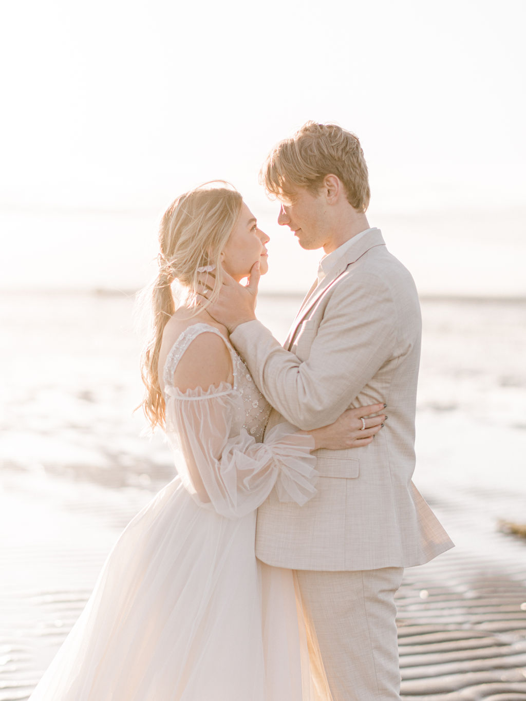 Romantic wedding portraits on the beach in Vancouver, British Columbia; Fine art wedding inspiration for an intimate beach wedding, light and airy wedding portraits