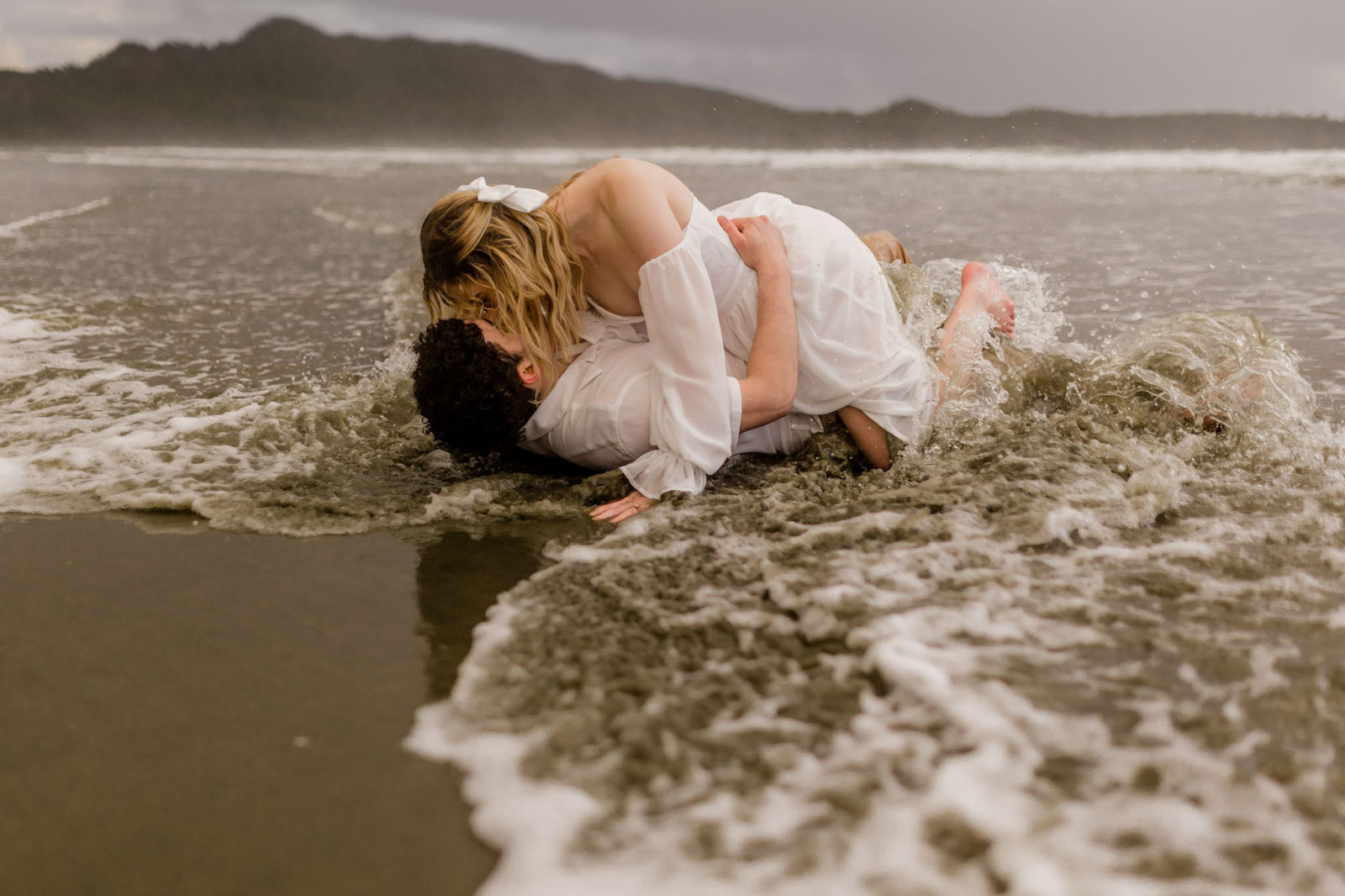 Creative engagement session on beaches of Tofino, beach portraits, beach engagement, water portraits, 