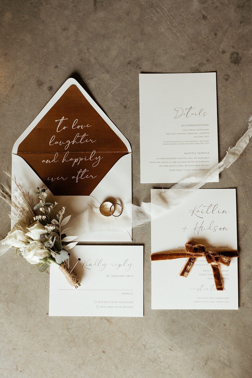 rustic wedding with warm wood tones, wedding invitations with satin, dried floral bouquet